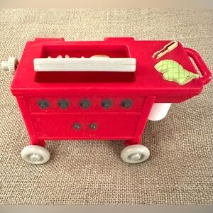 Fisher-Price Loving Family Dollhouse Red Patio BBQ Grill Flip Top & Wheels Toy